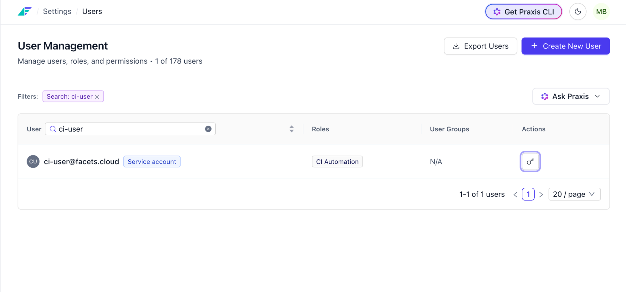 User Management showing the built-in ci-user@facets.cloud service account with an editable role and token management