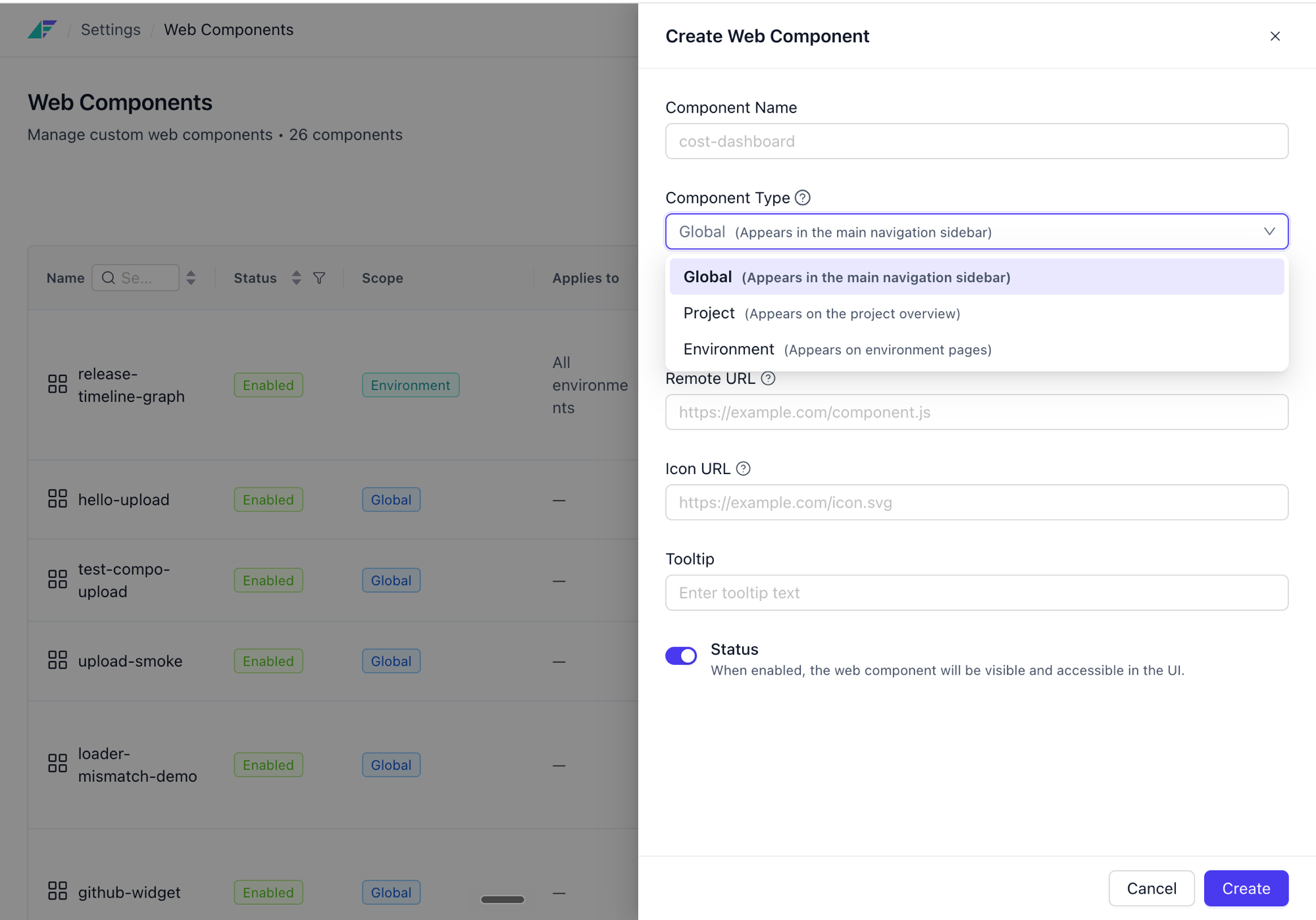 Component Type selector offering global, project or environment scope for a web component
