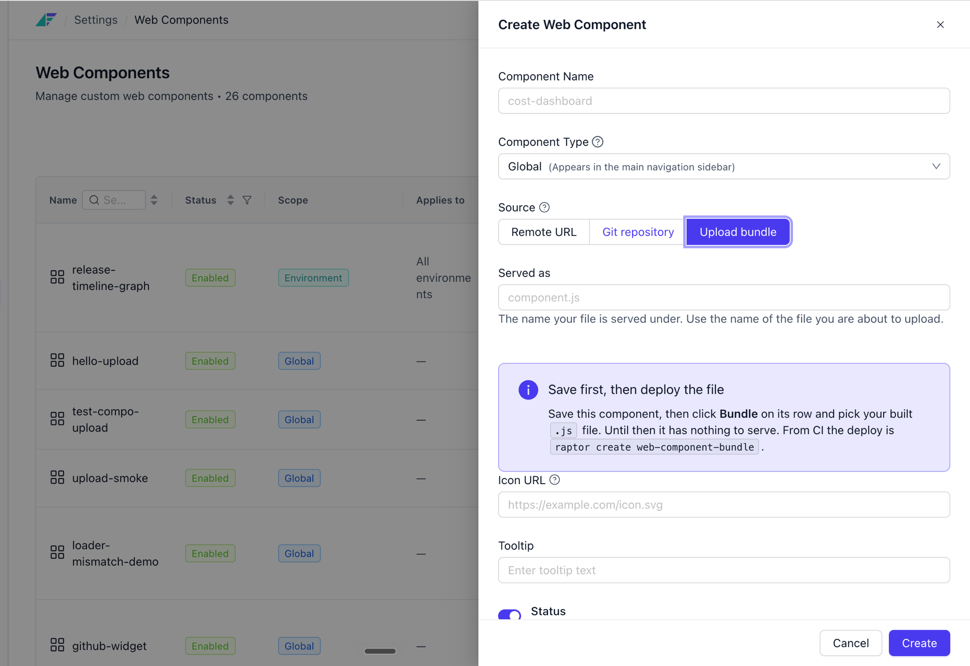 Create Web Component drawer with the source set to a Git repository or an uploaded bundle